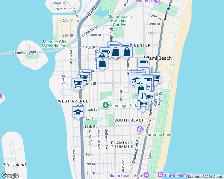 map of restaurants, bars, coffee shops, grocery stores, and more near 735 14th Place in Miami Beach
