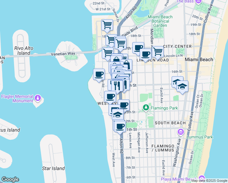 map of restaurants, bars, coffee shops, grocery stores, and more near 1435 West Avenue in Miami Beach
