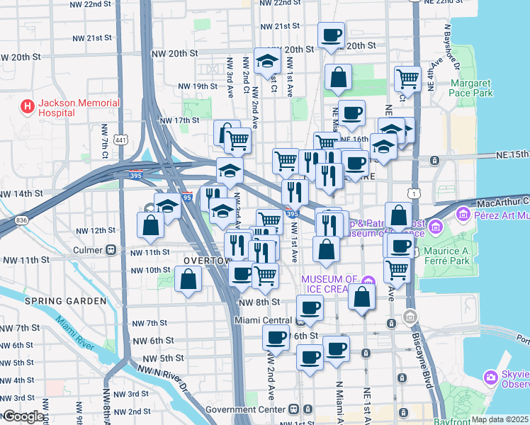 map of restaurants, bars, coffee shops, grocery stores, and more near 1228 Northwest 1st Court in Miami
