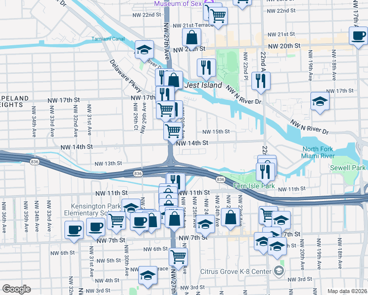 map of restaurants, bars, coffee shops, grocery stores, and more near 2570 Northwest 14th Street in Miami
