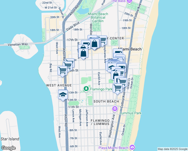map of restaurants, bars, coffee shops, grocery stores, and more near 735 14th Place in Miami Beach