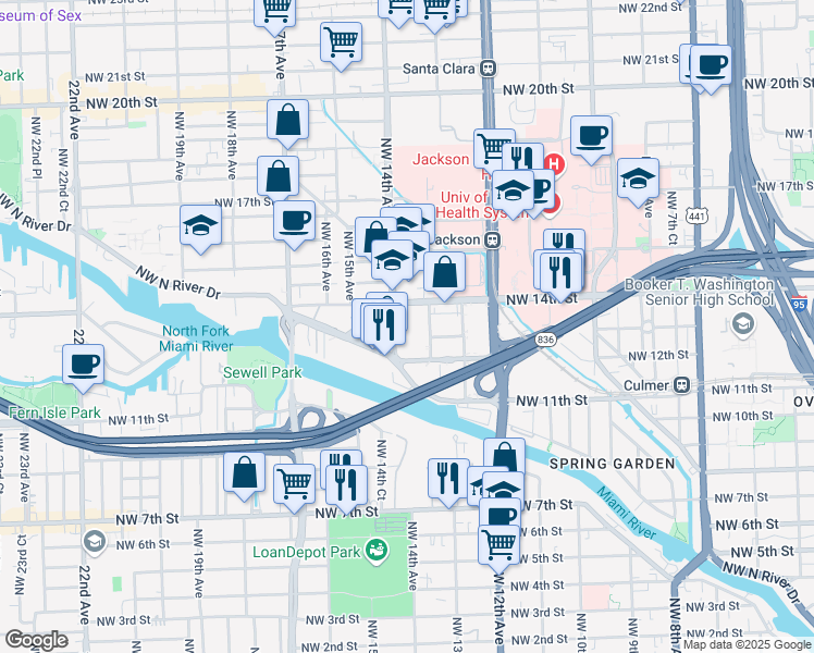 map of restaurants, bars, coffee shops, grocery stores, and more near 1325 Northwest 14th Avenue in Miami