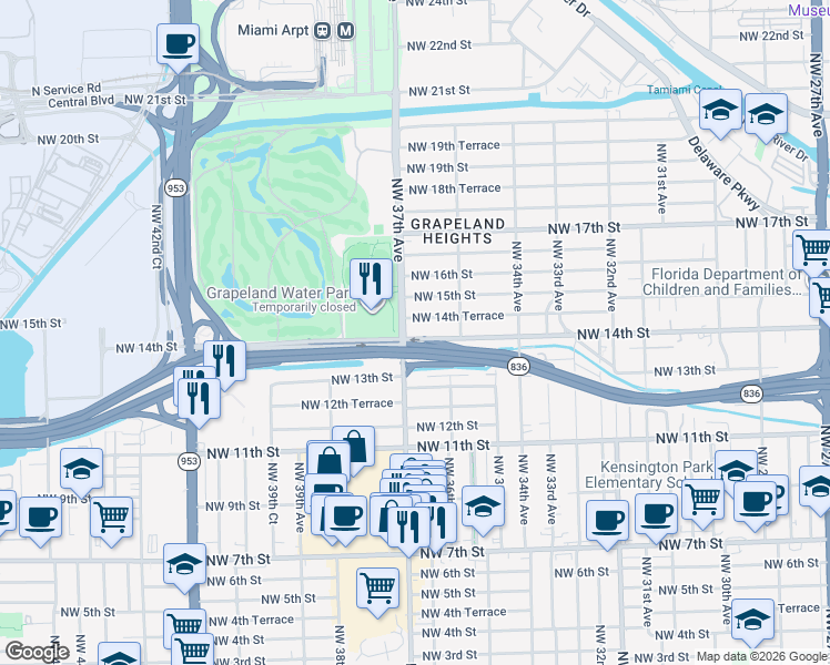 map of restaurants, bars, coffee shops, grocery stores, and more near 3689 Northwest 14th Street in Miami