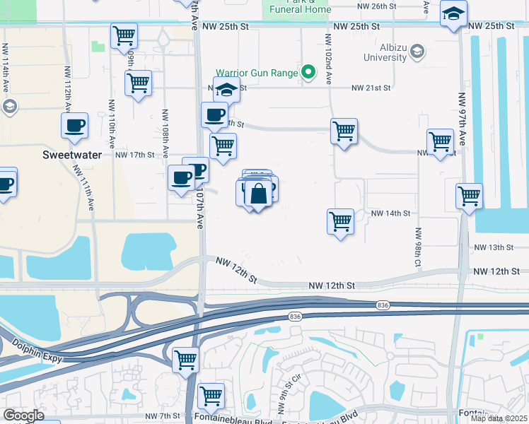 map of restaurants, bars, coffee shops, grocery stores, and more near 1455 Northwest 107th Avenue in Doral