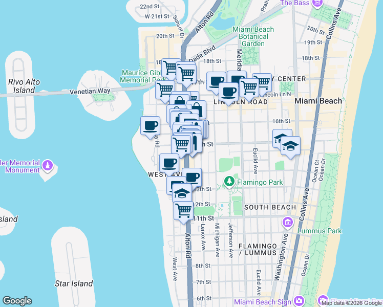 map of restaurants, bars, coffee shops, grocery stores, and more near 1439 Alton Road in Miami Beach