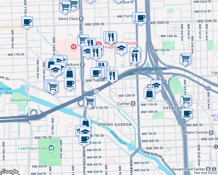 map of restaurants, bars, coffee shops, grocery stores, and more near 1460 Northwest 10th Avenue in Miami