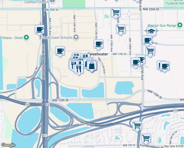 map of restaurants, bars, coffee shops, grocery stores, and more near 11401 Northwest 12th Street in Miami
