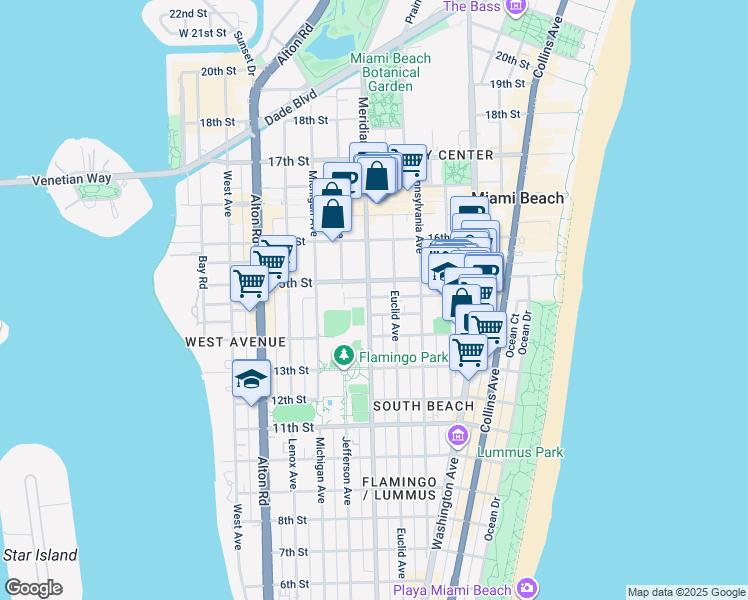 map of restaurants, bars, coffee shops, grocery stores, and more near 735 14th Place in Miami Beach
