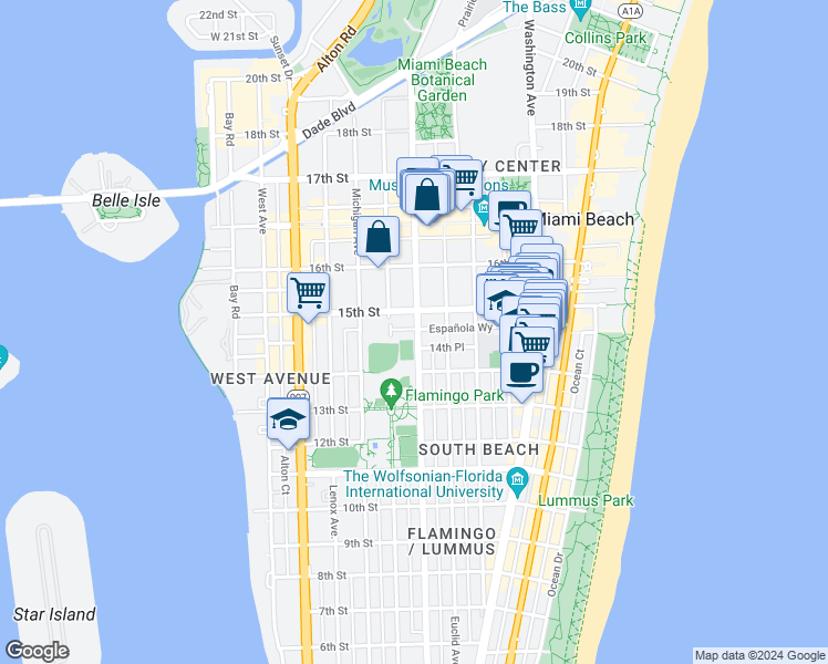 map of restaurants, bars, coffee shops, grocery stores, and more near 735 14th Place in Miami Beach