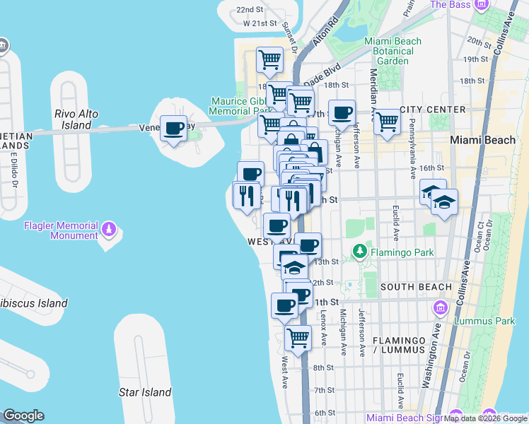 map of restaurants, bars, coffee shops, grocery stores, and more near 1428 Bay Road in Miami Beach