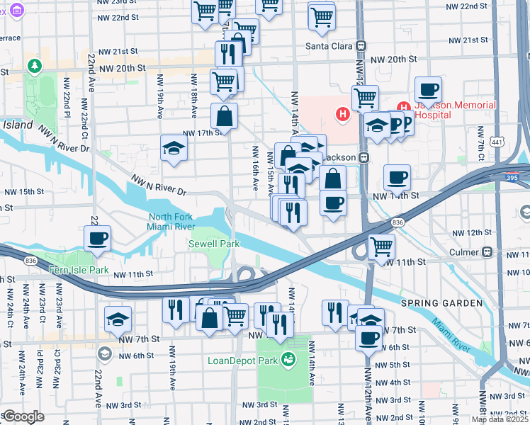 map of restaurants, bars, coffee shops, grocery stores, and more near 1600 Northwest North River Drive in Miami