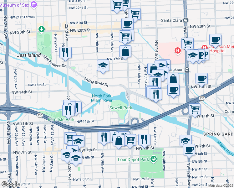map of restaurants, bars, coffee shops, grocery stores, and more near 1750 Northwest North River Drive in Miami