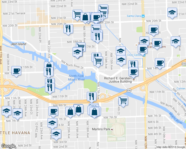 map of restaurants, bars, coffee shops, grocery stores, and more near 1700 Northwest North River Drive in Miami