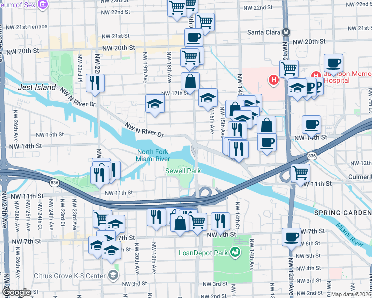 map of restaurants, bars, coffee shops, grocery stores, and more near 1750 Northwest North River Drive in Miami