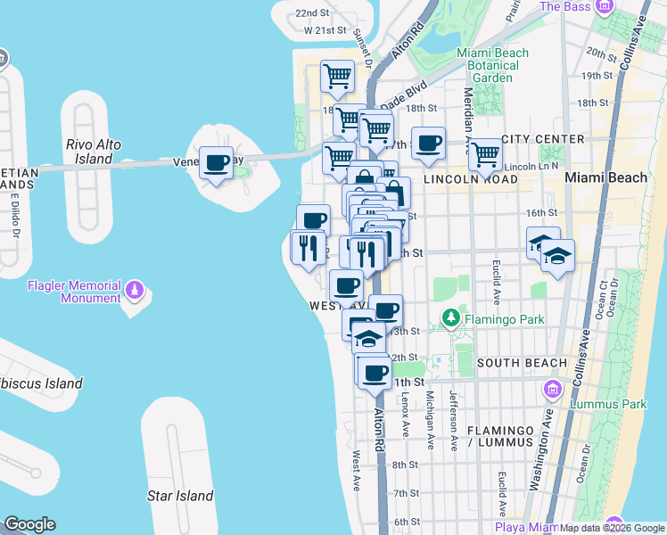 map of restaurants, bars, coffee shops, grocery stores, and more near 1428 Bay Road in Miami Beach