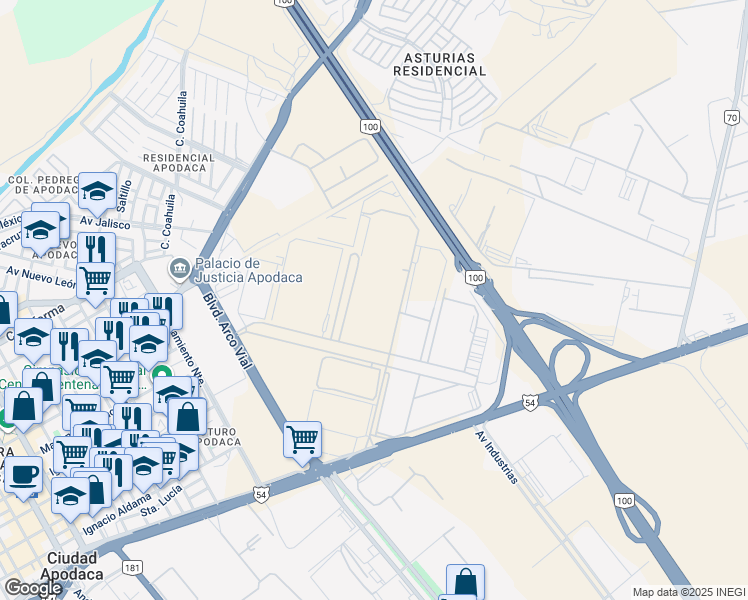 map of restaurants, bars, coffee shops, grocery stores, and more near Km. 21 Avenida Miguel Alemán in Ciudad Apodaca