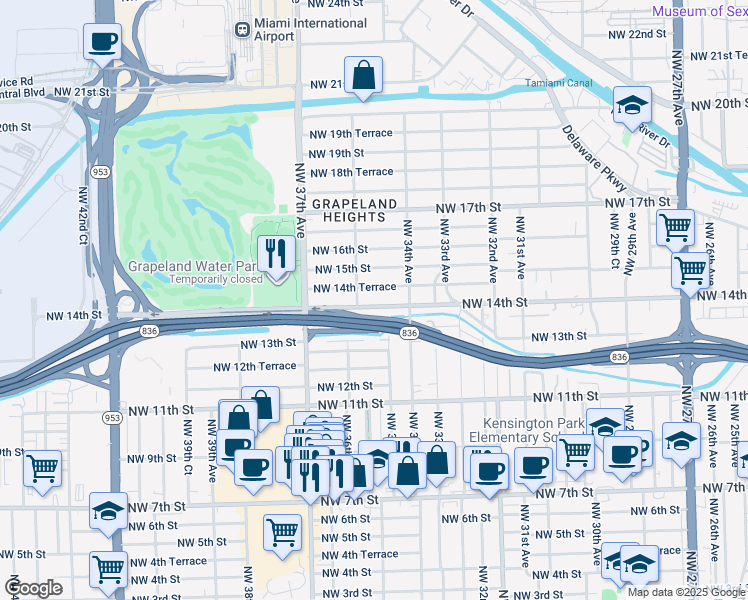 map of restaurants, bars, coffee shops, grocery stores, and more near 3555 Northwest 14th Street in Miami