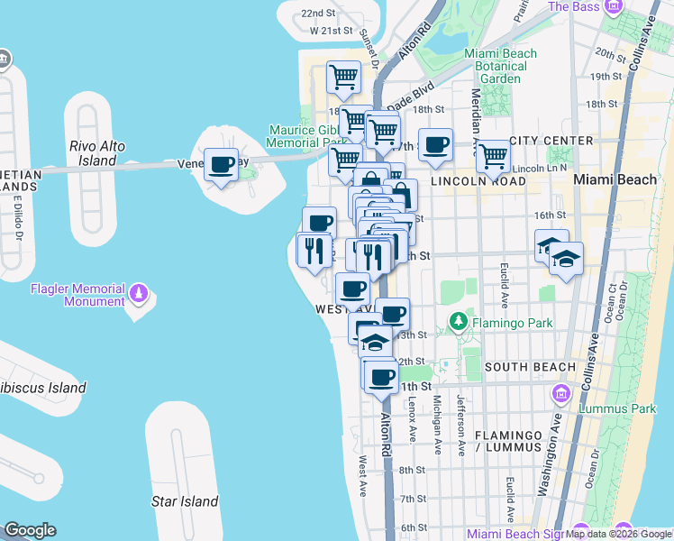 map of restaurants, bars, coffee shops, grocery stores, and more near 1426 Bay Road in Miami Beach