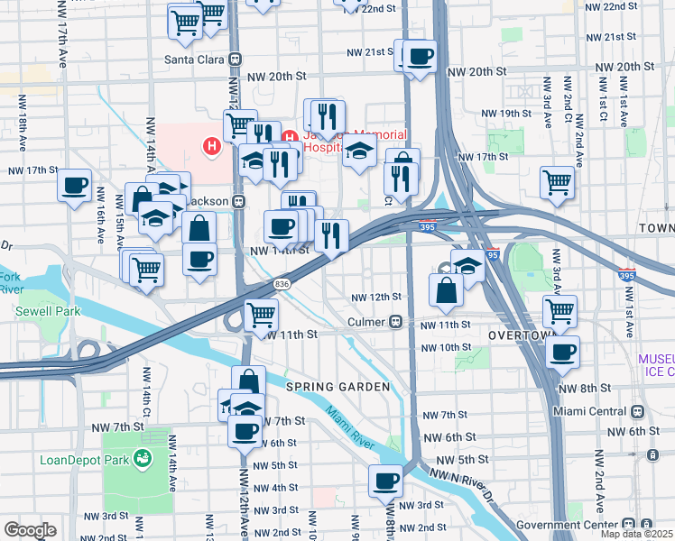 map of restaurants, bars, coffee shops, grocery stores, and more near 1311 Northwest 10th Avenue in Miami