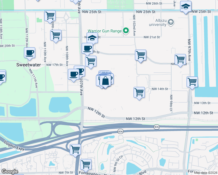 map of restaurants, bars, coffee shops, grocery stores, and more near 1625 Northwest 107th Avenue in Doral