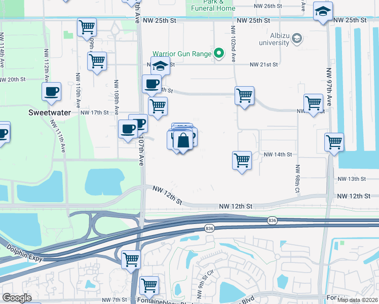 map of restaurants, bars, coffee shops, grocery stores, and more near 1625 Northwest 107th Avenue in Doral