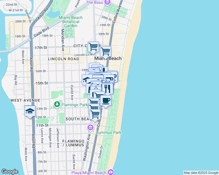 map of restaurants, bars, coffee shops, grocery stores, and more near in Miami Beach