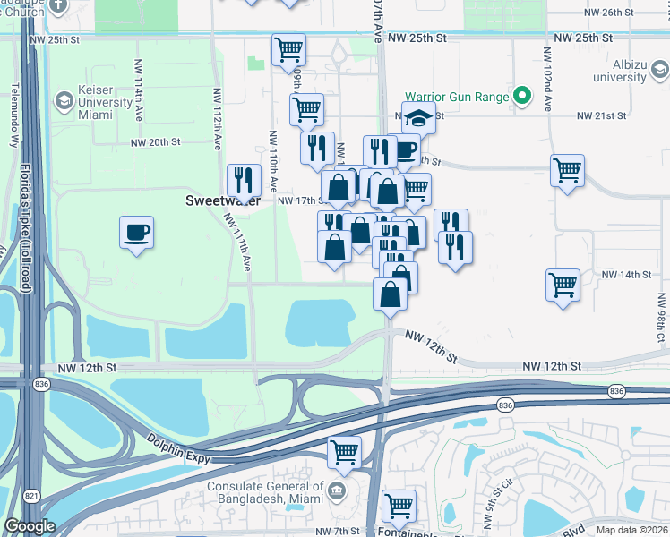 map of restaurants, bars, coffee shops, grocery stores, and more near 10811 Northwest 14th Street in Miami