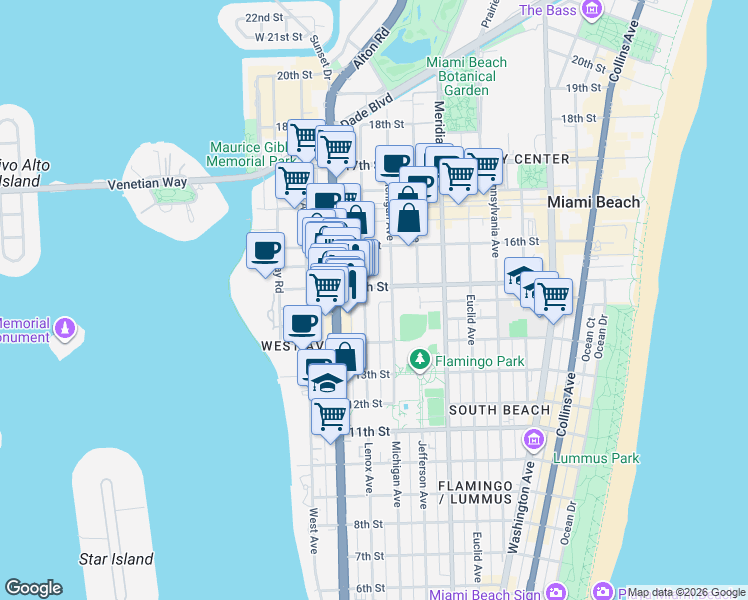 map of restaurants, bars, coffee shops, grocery stores, and more near 1432 Michigan Avenue in Miami Beach