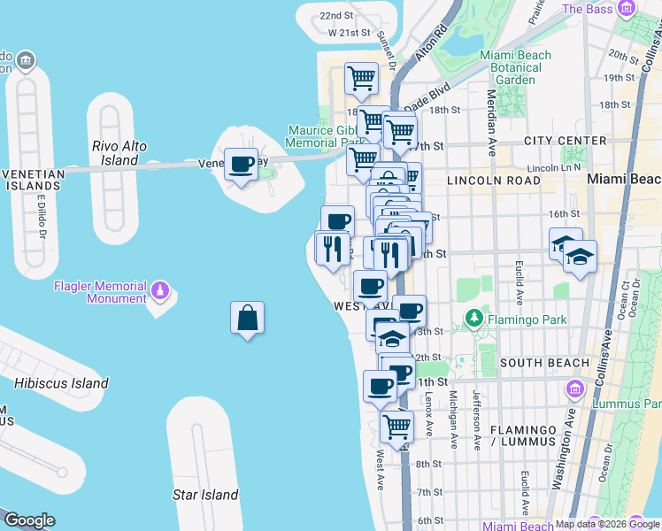 map of restaurants, bars, coffee shops, grocery stores, and more near 1504 Bay Road in Miami Beach