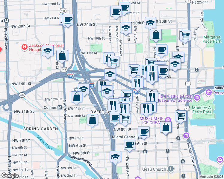 map of restaurants, bars, coffee shops, grocery stores, and more near 1240 Northwest 3rd Avenue in Miami