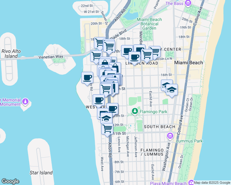 map of restaurants, bars, coffee shops, grocery stores, and more near 1439 Alton Road in Miami Beach