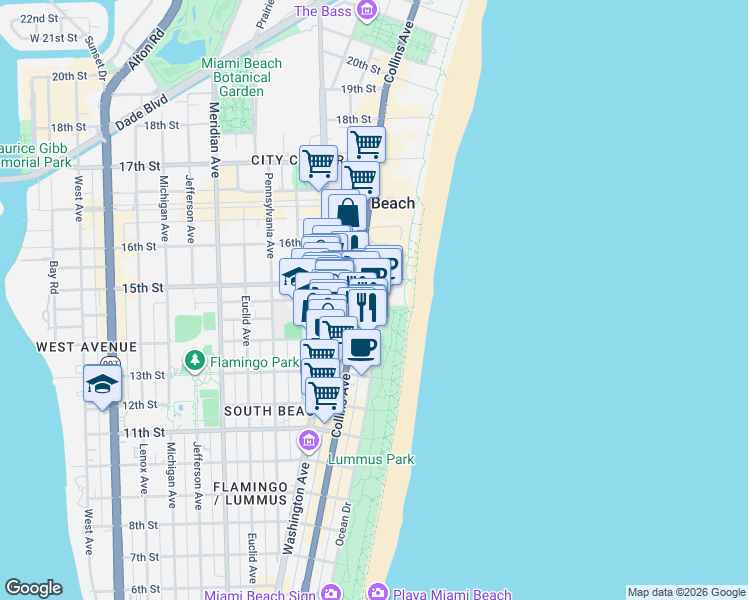 map of restaurants, bars, coffee shops, grocery stores, and more near in Miami Beach