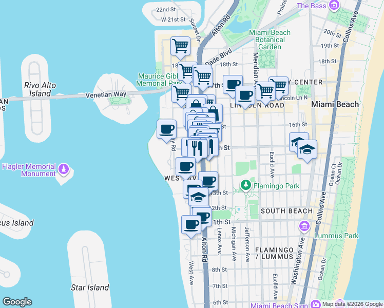 map of restaurants, bars, coffee shops, grocery stores, and more near 1435 West Avenue in Miami Beach