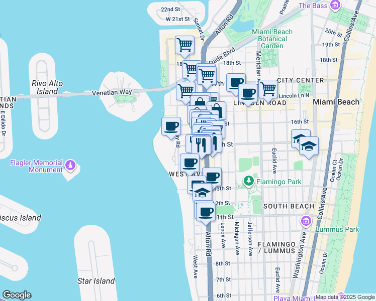 map of restaurants, bars, coffee shops, grocery stores, and more near 1435 West Avenue in Miami Beach
