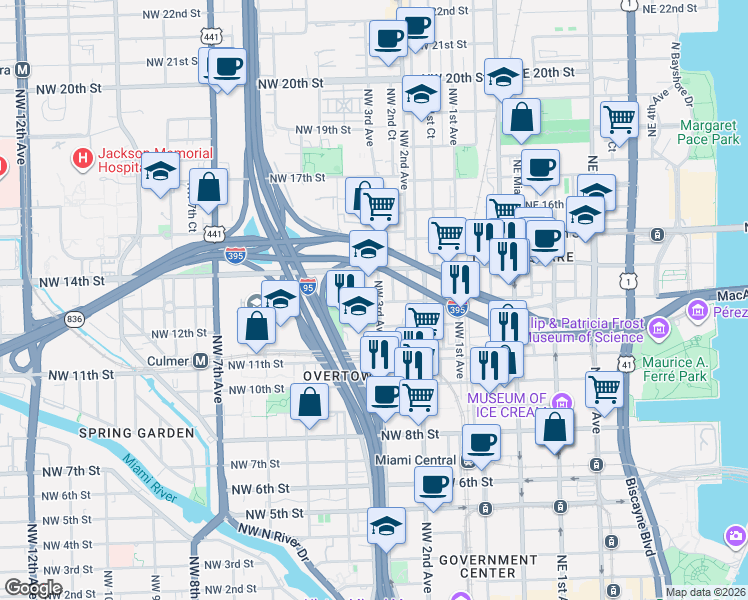 map of restaurants, bars, coffee shops, grocery stores, and more near 1240 Northwest 3rd Avenue in Miami