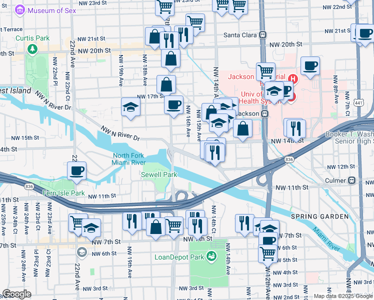 map of restaurants, bars, coffee shops, grocery stores, and more near 1600 Northwest North River Drive in Miami