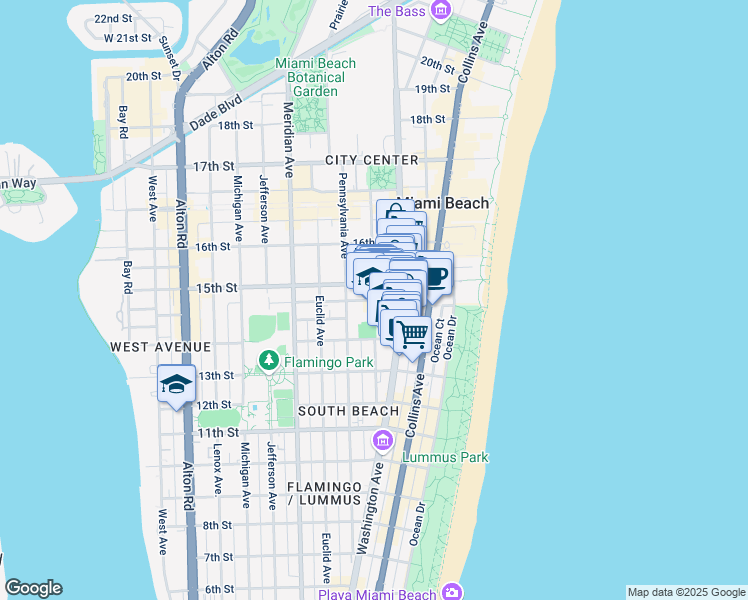 map of restaurants, bars, coffee shops, grocery stores, and more near Drexel Avenue in Miami Beach