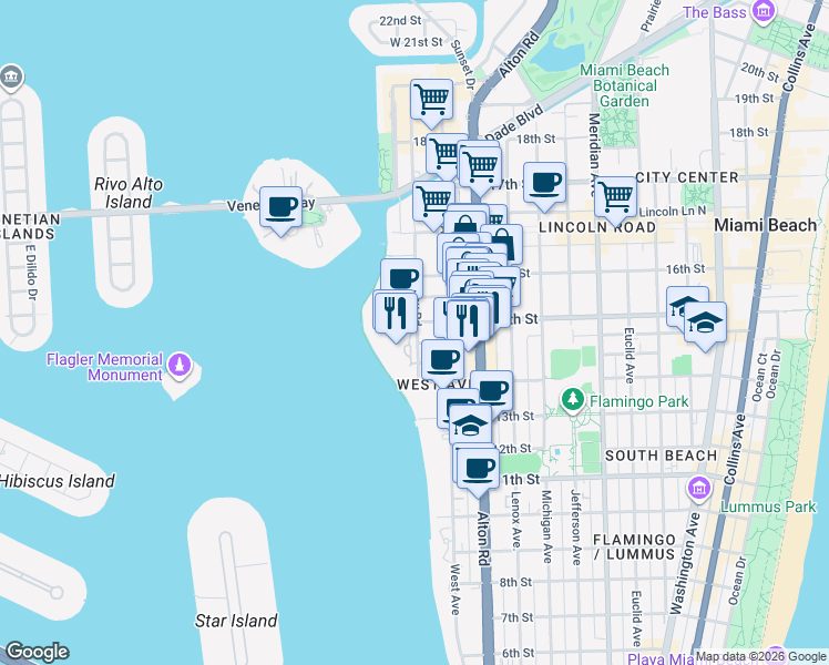 map of restaurants, bars, coffee shops, grocery stores, and more near 1428 Bay Road in Miami Beach