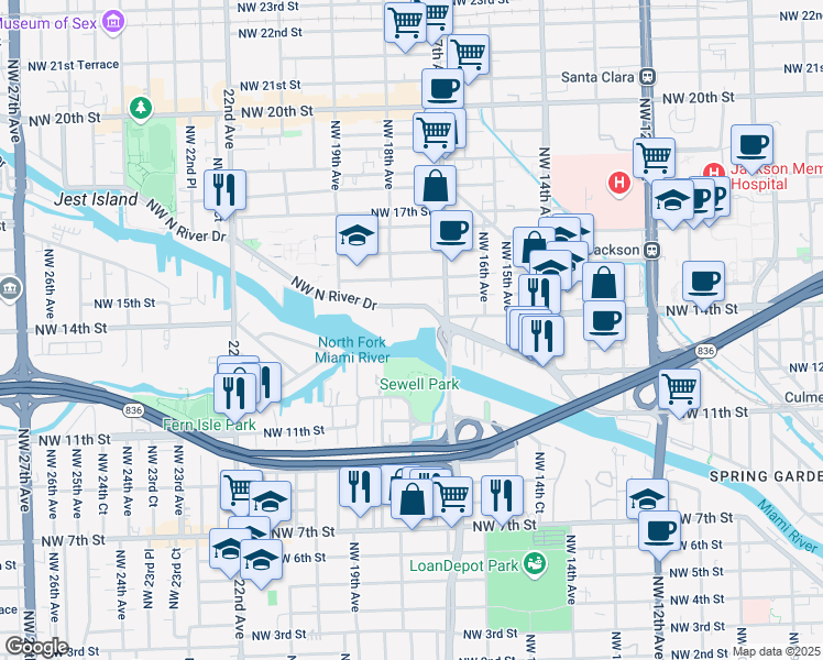 map of restaurants, bars, coffee shops, grocery stores, and more near 1750 Northwest North River Drive in Miami