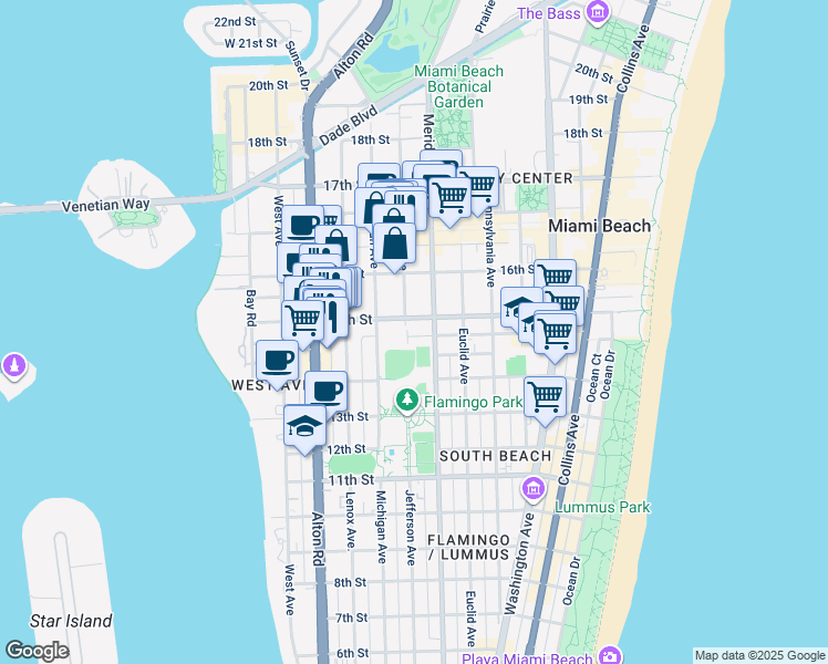 map of restaurants, bars, coffee shops, grocery stores, and more near 1434 Jefferson Avenue in Miami Beach