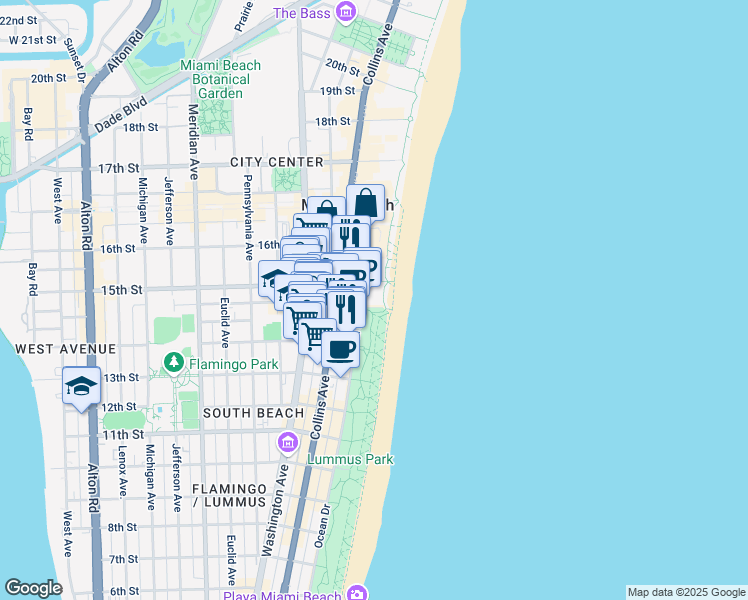 map of restaurants, bars, coffee shops, grocery stores, and more near 1451 Ocean Drive in Miami Beach