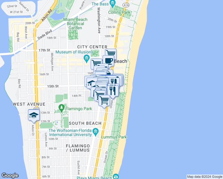 map of restaurants, bars, coffee shops, grocery stores, and more near in Miami Beach