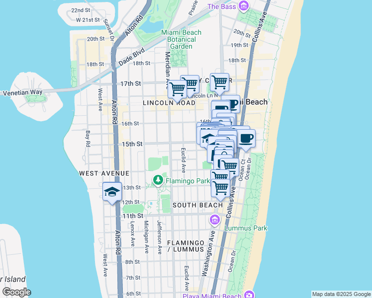 map of restaurants, bars, coffee shops, grocery stores, and more near in Miami Beach