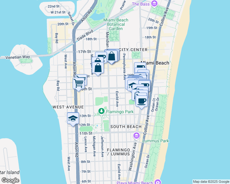 map of restaurants, bars, coffee shops, grocery stores, and more near 735 14th Place in Miami Beach