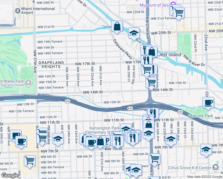 map of restaurants, bars, coffee shops, grocery stores, and more near 3070 Northwest 14th Street in Miami