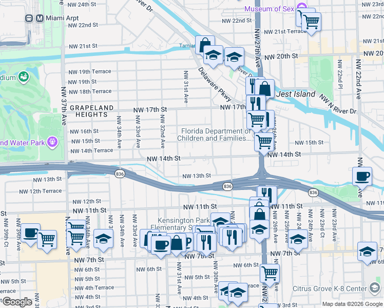 map of restaurants, bars, coffee shops, grocery stores, and more near 3070 Northwest 14th Street in Miami