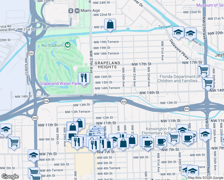map of restaurants, bars, coffee shops, grocery stores, and more near 3555 Northwest 14th Street in Miami
