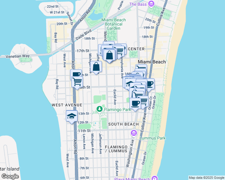 map of restaurants, bars, coffee shops, grocery stores, and more near 735 14th Place in Miami Beach