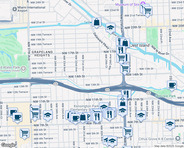 map of restaurants, bars, coffee shops, grocery stores, and more near 3070 Northwest 14th Street in Miami