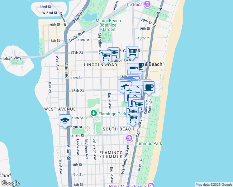 map of restaurants, bars, coffee shops, grocery stores, and more near in Miami Beach